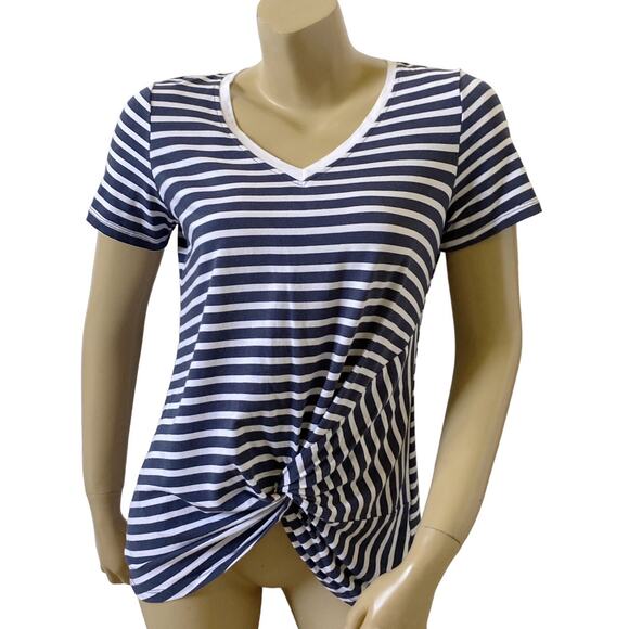 TRIBAL Womens Petite Size PS Striped V Neck Knotted Short Sleeve T Shirt - Picture 1 of 7